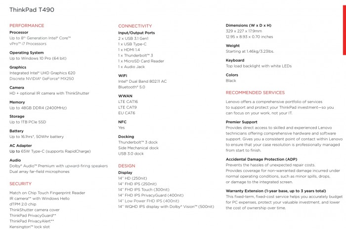 Daten des Thinkpad T490 (Bild: Lenovo)